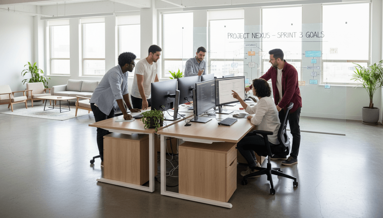 Professional team collaborating in a modern tech office environment